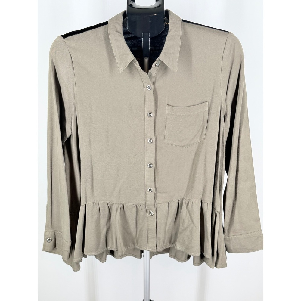 Mystree Embroidered Floral Velvet Back Peplum Button Down Shirt Olive Drab Small